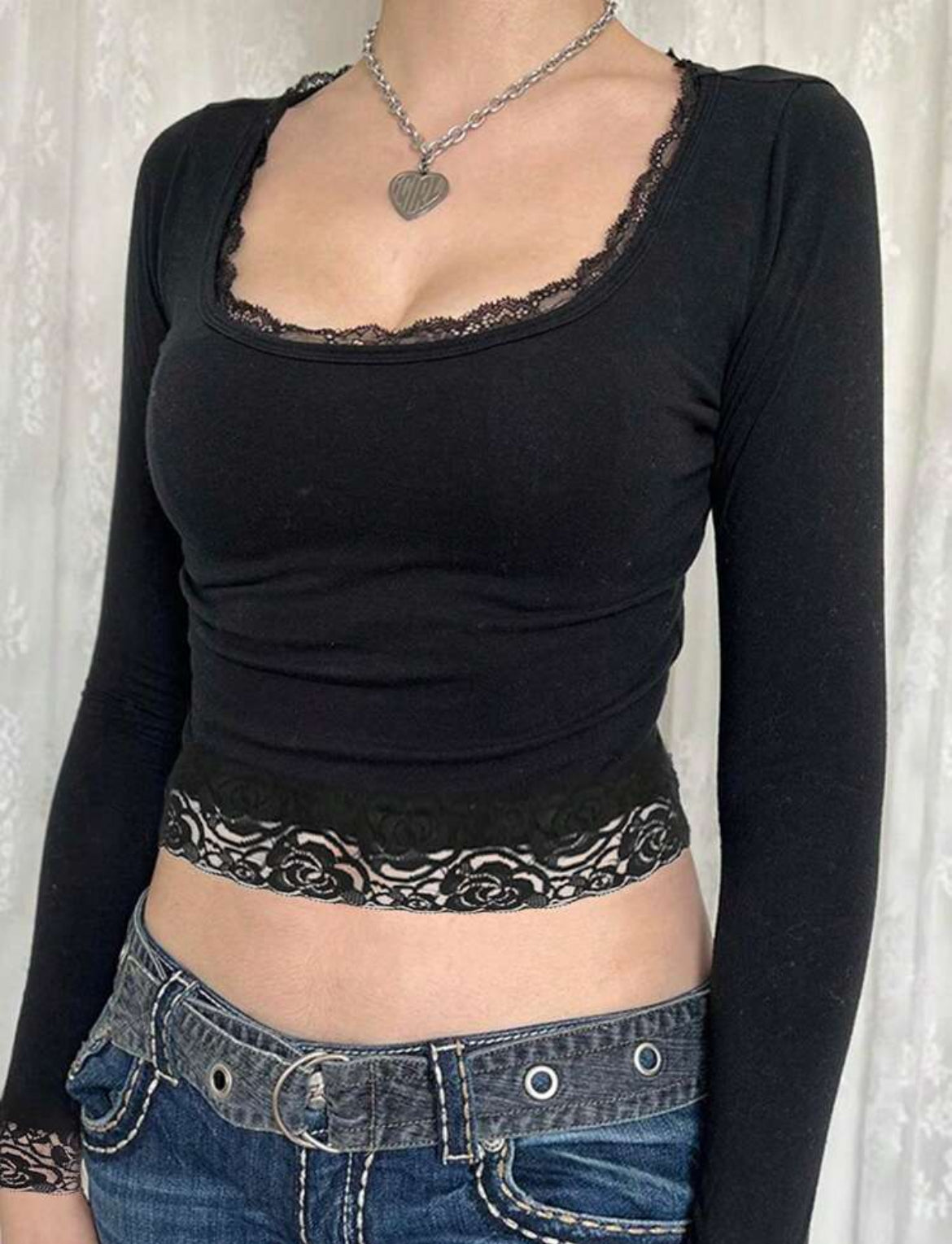 INAWLY Contrast Lace Slim Fit Round Neck T-Shirt