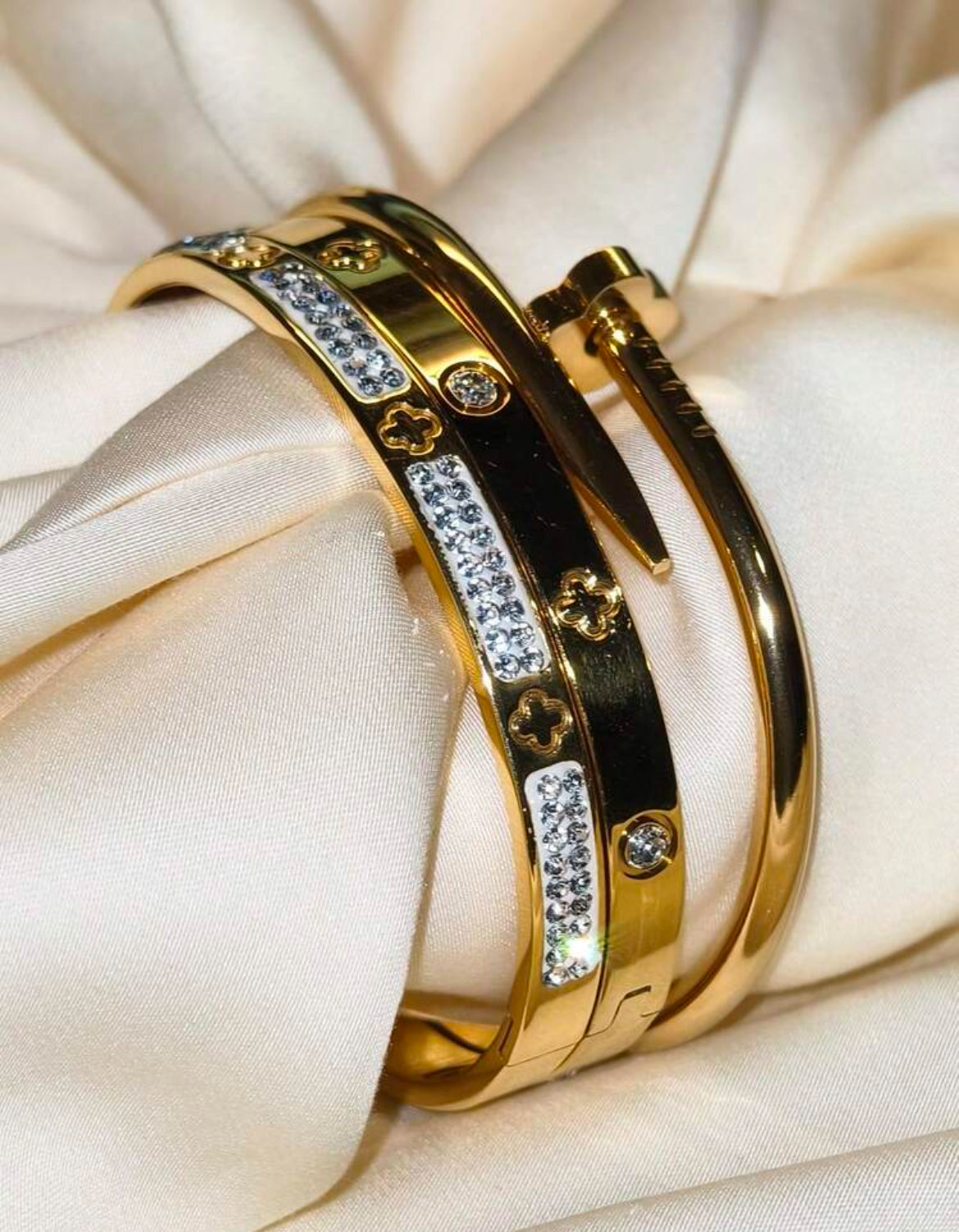 3Pcs Luxury Stainless Steel Rhinestone Clover Bracelet Set