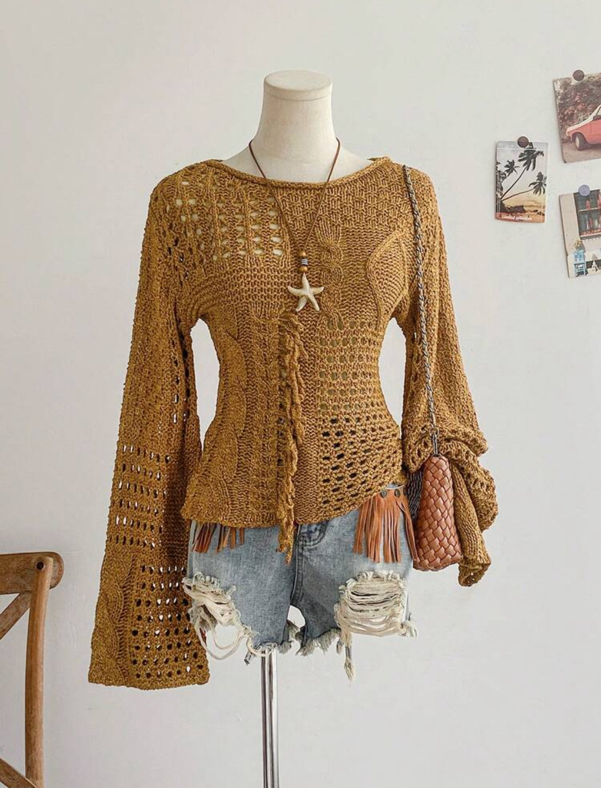 Soleia Women's Casual Solid
Color Flare Sleeve Hollow Out Knit Top In Fall/Winter