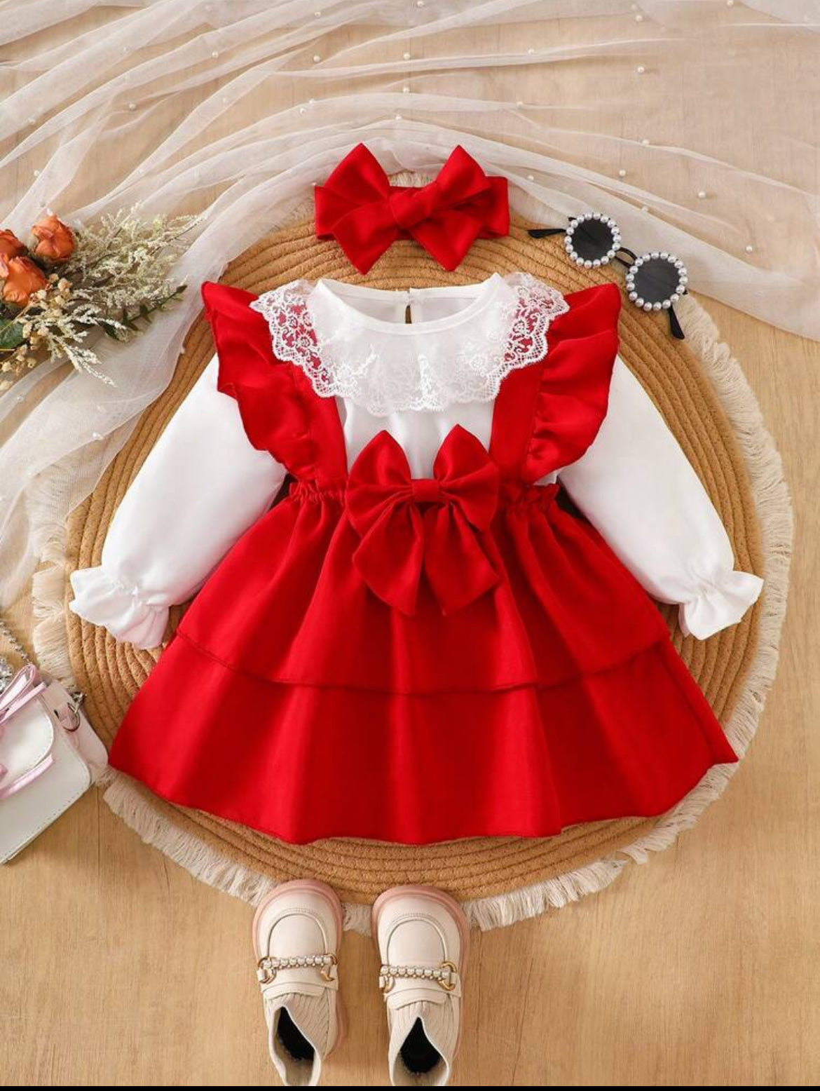 2pcs Baby Girls Cute Floral Ruffle
Collar Long Sleeve Top And Pinafore Dress Set