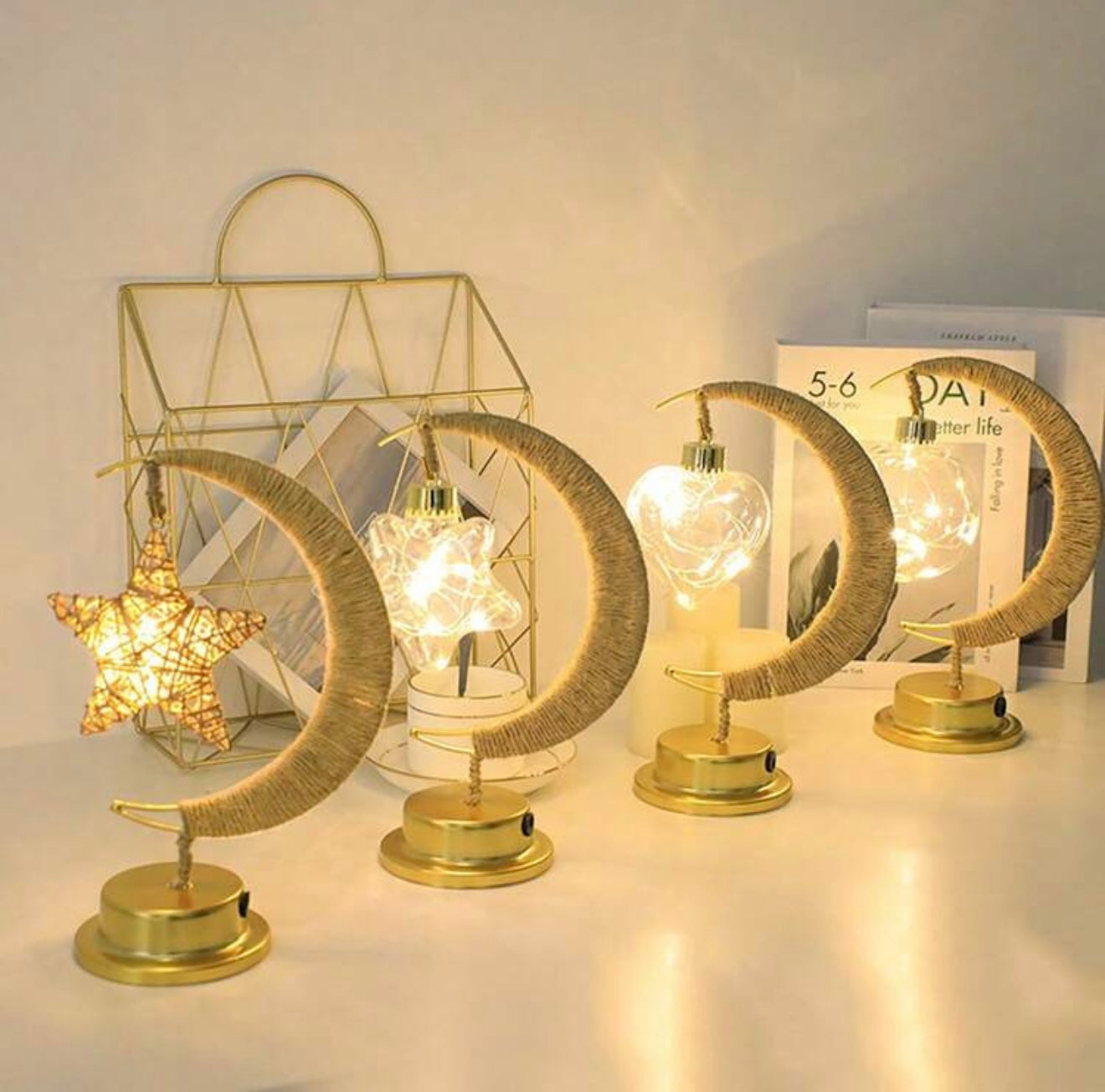 1pc LED Wrought Iron Hemp Rope Starry Moon Lamp