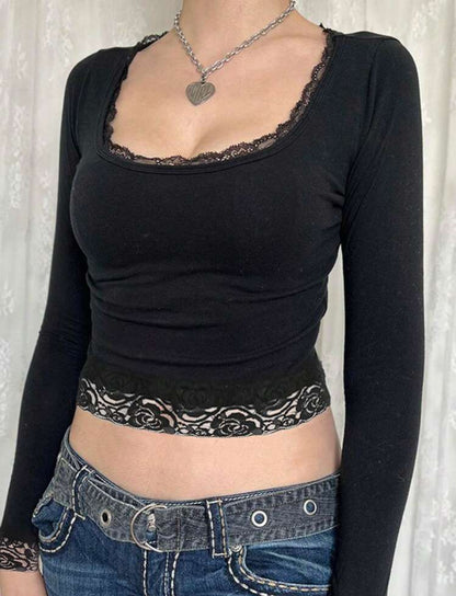 INAWLY Contrast Lace Slim Fit Round Neck T-Shirt