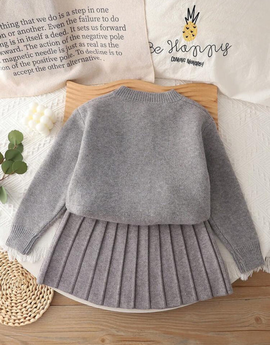 2pcs Kids Knitted Cardigan Sweater And Pleated Skirt Set
