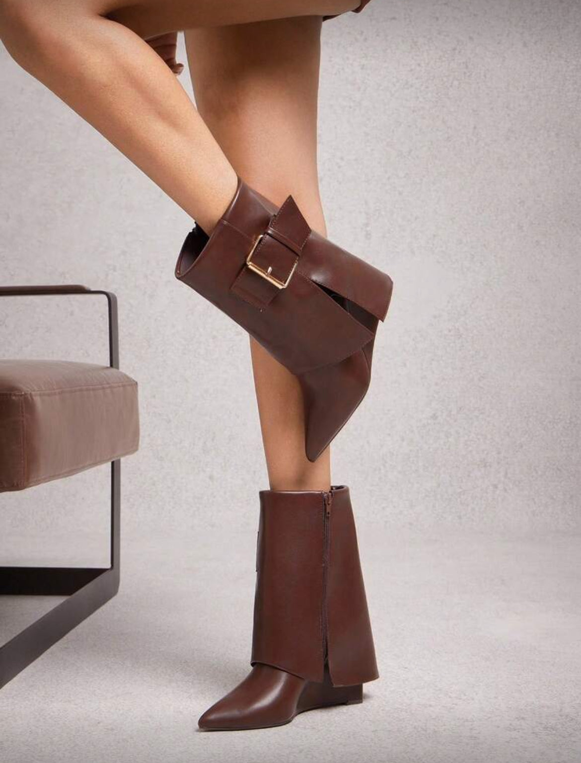SHUZIA Women's Glamorous Sexy Pointed Toe Fold Over Mid-Calf
Wedge Boots With Big Buckle For Christmas