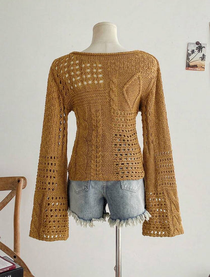 Soleia Women's Casual Solid
Color Flare Sleeve Hollow Out Knit Top In Fall/Winter