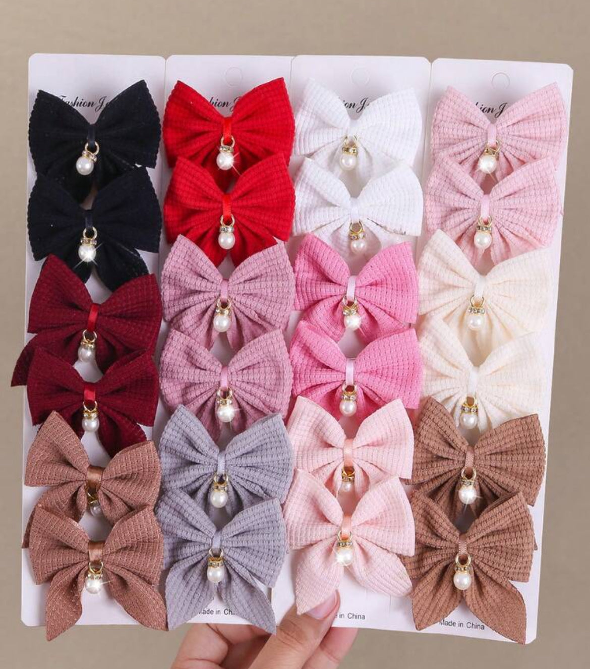 10pcs Girls' Multi-Color Pearl Fabric Bow Barrettes