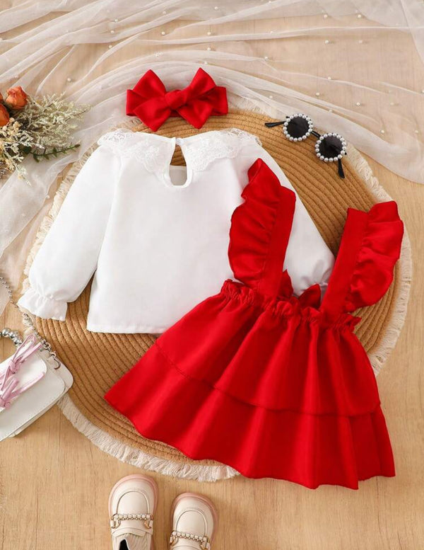 2pcs Baby Girls Cute Floral Ruffle
Collar Long Sleeve Top And Pinafore Dress Set