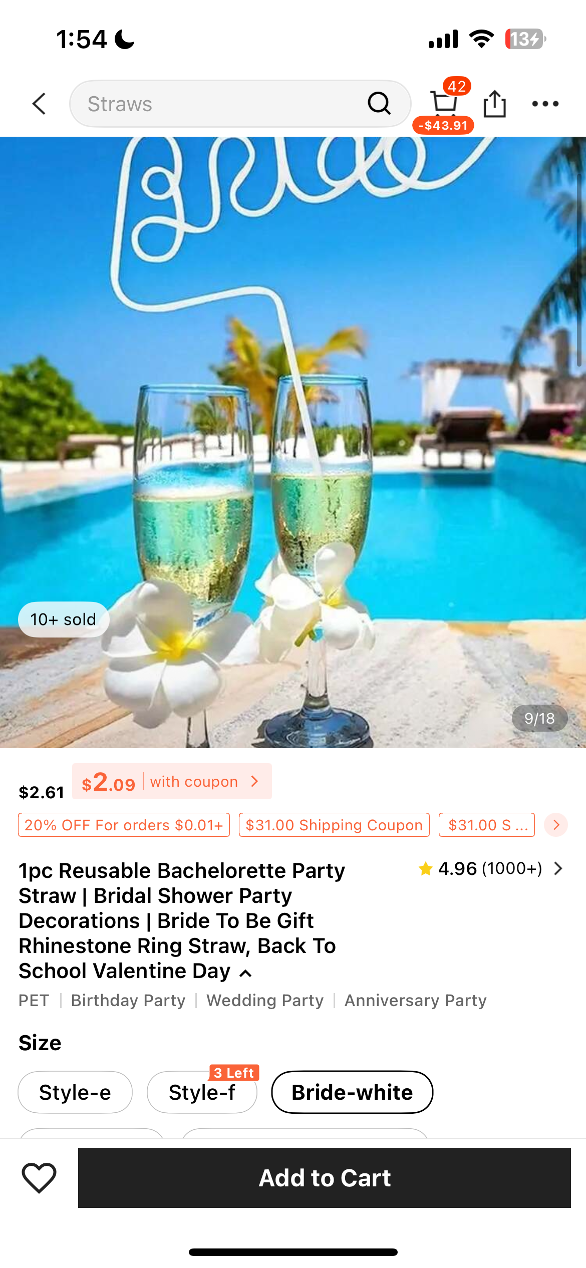 1pc Reusable Bachelorette Party
Straw | Bridal Shower Party Decorations | Bride To Be Gift Rhinestone Ring Straw