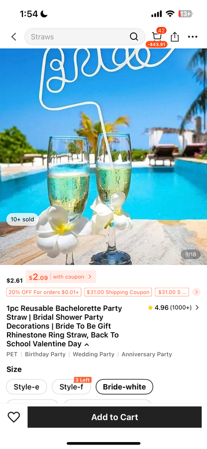 1pc Reusable Bachelorette Party
Straw | Bridal Shower Party Decorations | Bride To Be Gift Rhinestone Ring Straw