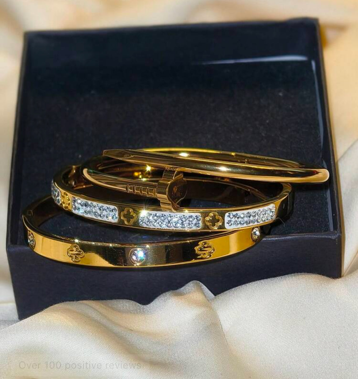 3Pcs Luxury Stainless Steel Rhinestone Clover Bracelet Set