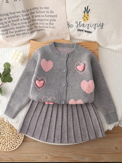 2pcs Kids Knitted Cardigan Sweater And Pleated Skirt Set
