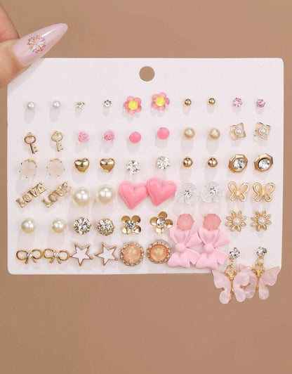30 Pairs Assorted Colorful Cute Pink Butterfly & Heart Stud Earrings Set