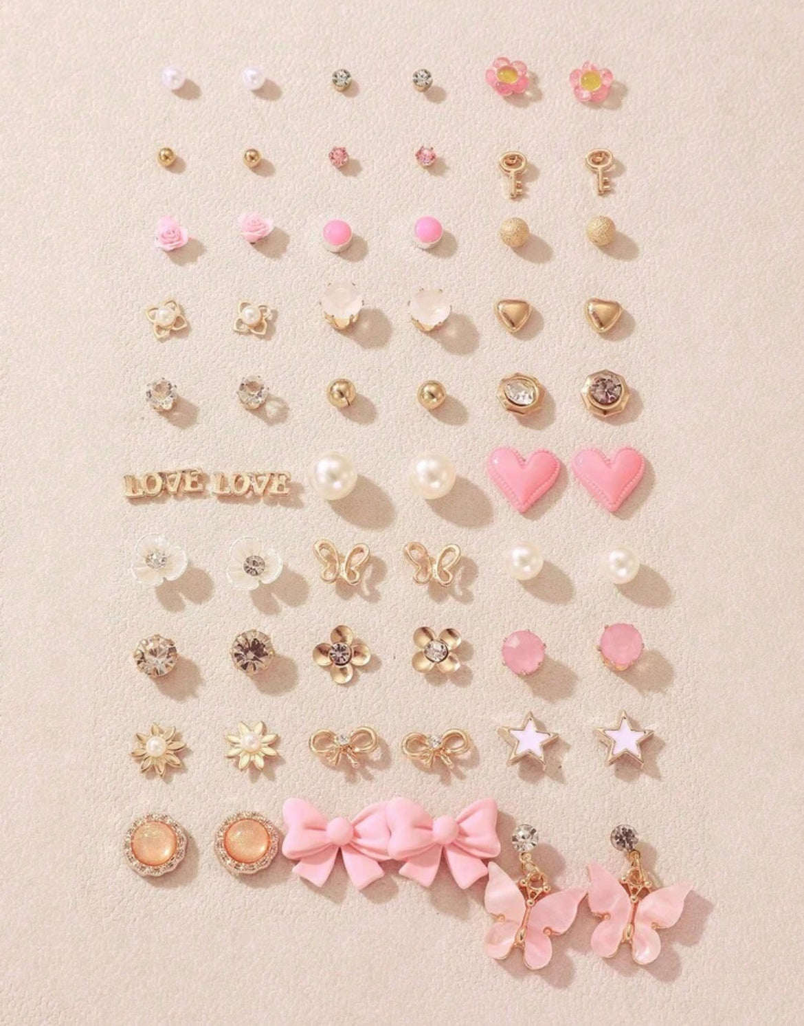 30 Pairs Assorted Colorful Cute Pink Butterfly & Heart Stud Earrings Set
