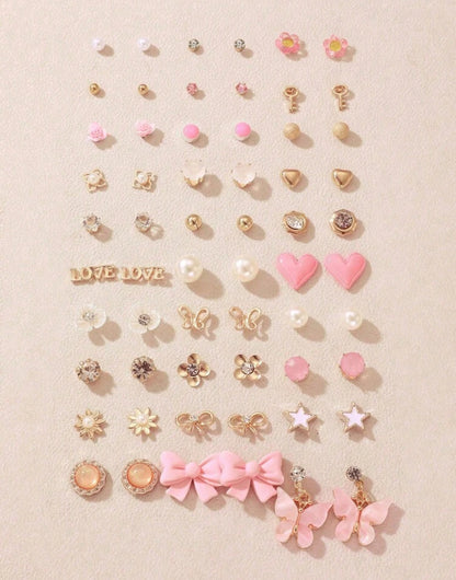 30 Pairs Assorted Colorful Cute Pink Butterfly & Heart Stud Earrings Set