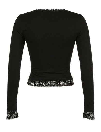 INAWLY Contrast Lace Slim Fit Round Neck T-Shirt