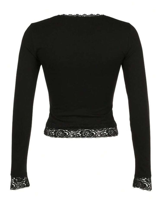 INAWLY Contrast Lace Slim Fit Round Neck T-Shirt