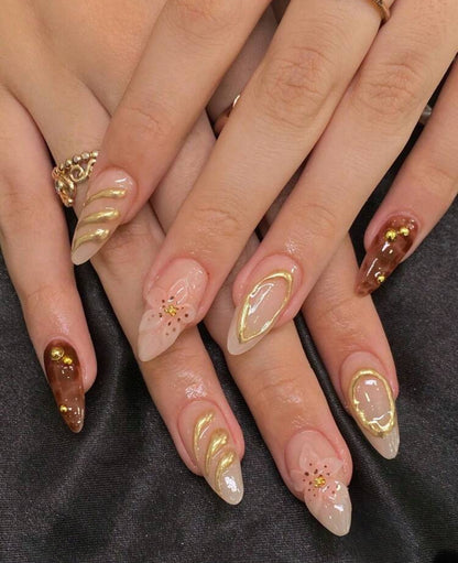 24 Pcs Long Almond 3d Gelnails
Makes Flower Nails Design French Tip
Press On Nails Medium Three