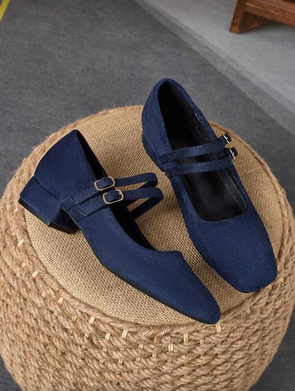 MonaNise Women's 3cm Cloth Covered Heel Fashion Navy Blue Metallic Burgundy Mary
Jane Low Chunky Heel Black Flats