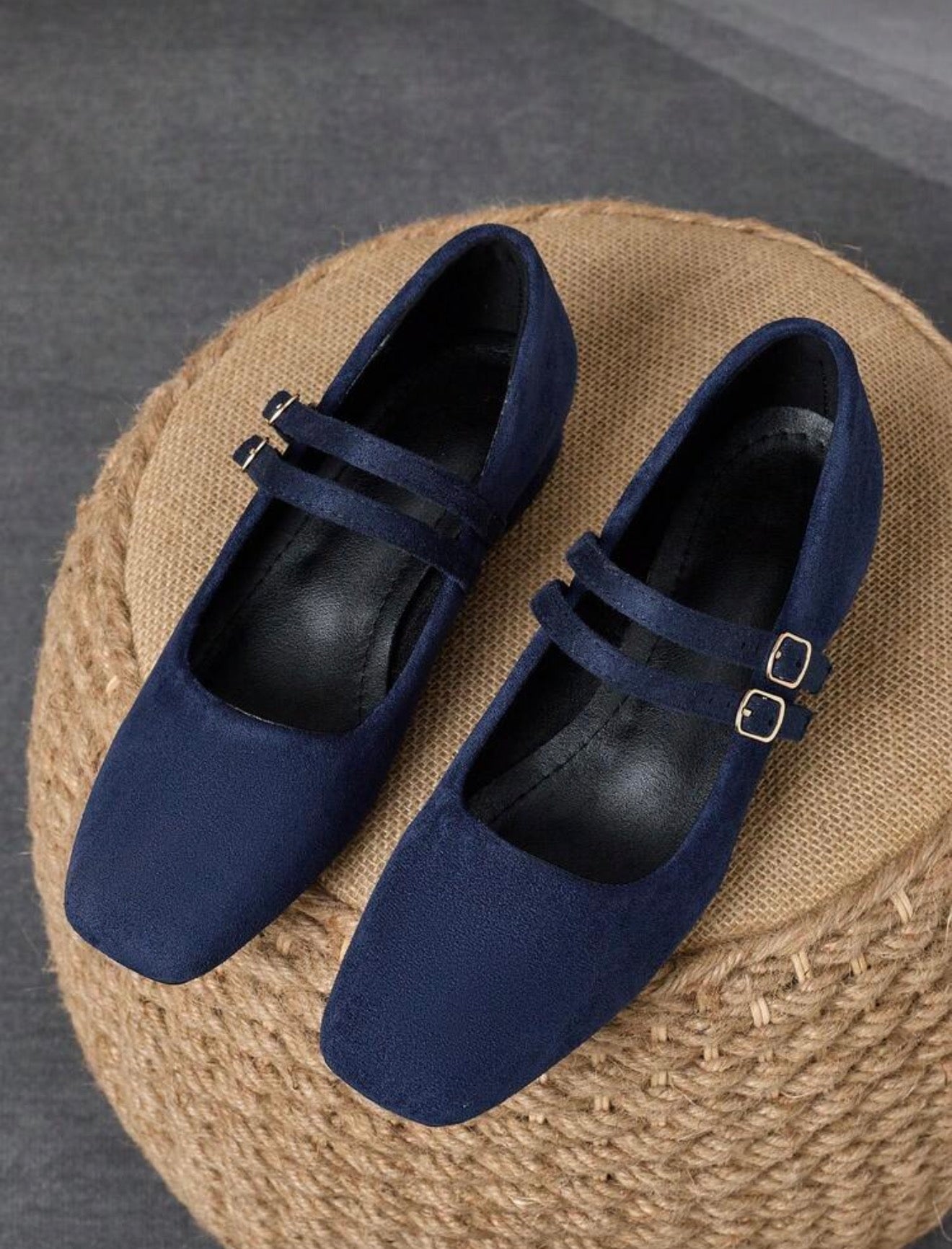 MonaNise Women's 3cm Cloth Covered Heel Fashion Navy Blue Metallic Burgundy Mary
Jane Low Chunky Heel Black Flats