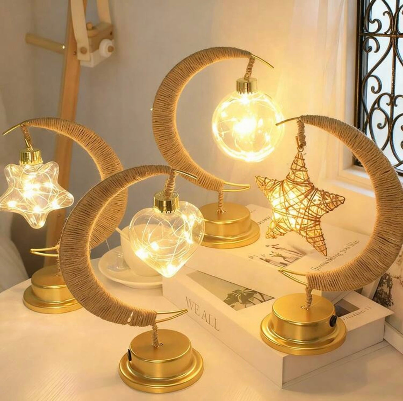 1pc LED Wrought Iron Hemp Rope Starry Moon Lamp
