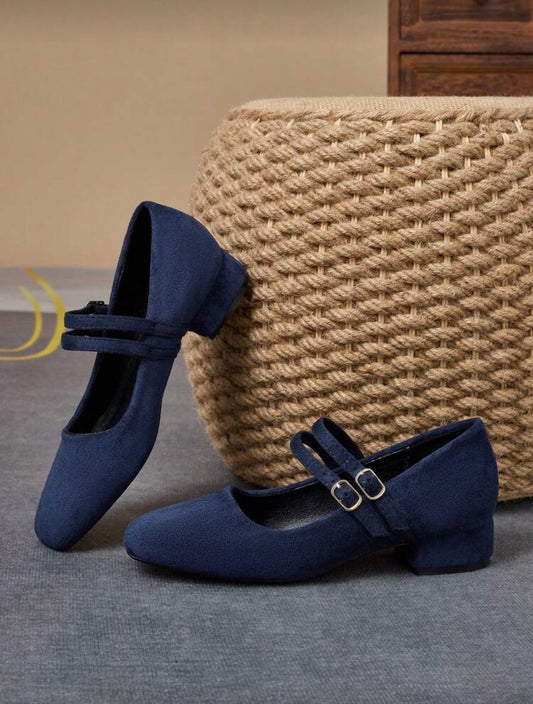 MonaNise Women's 3cm Cloth Covered Heel Fashion Navy Blue Metallic Burgundy Mary
Jane Low Chunky Heel Black Flats
